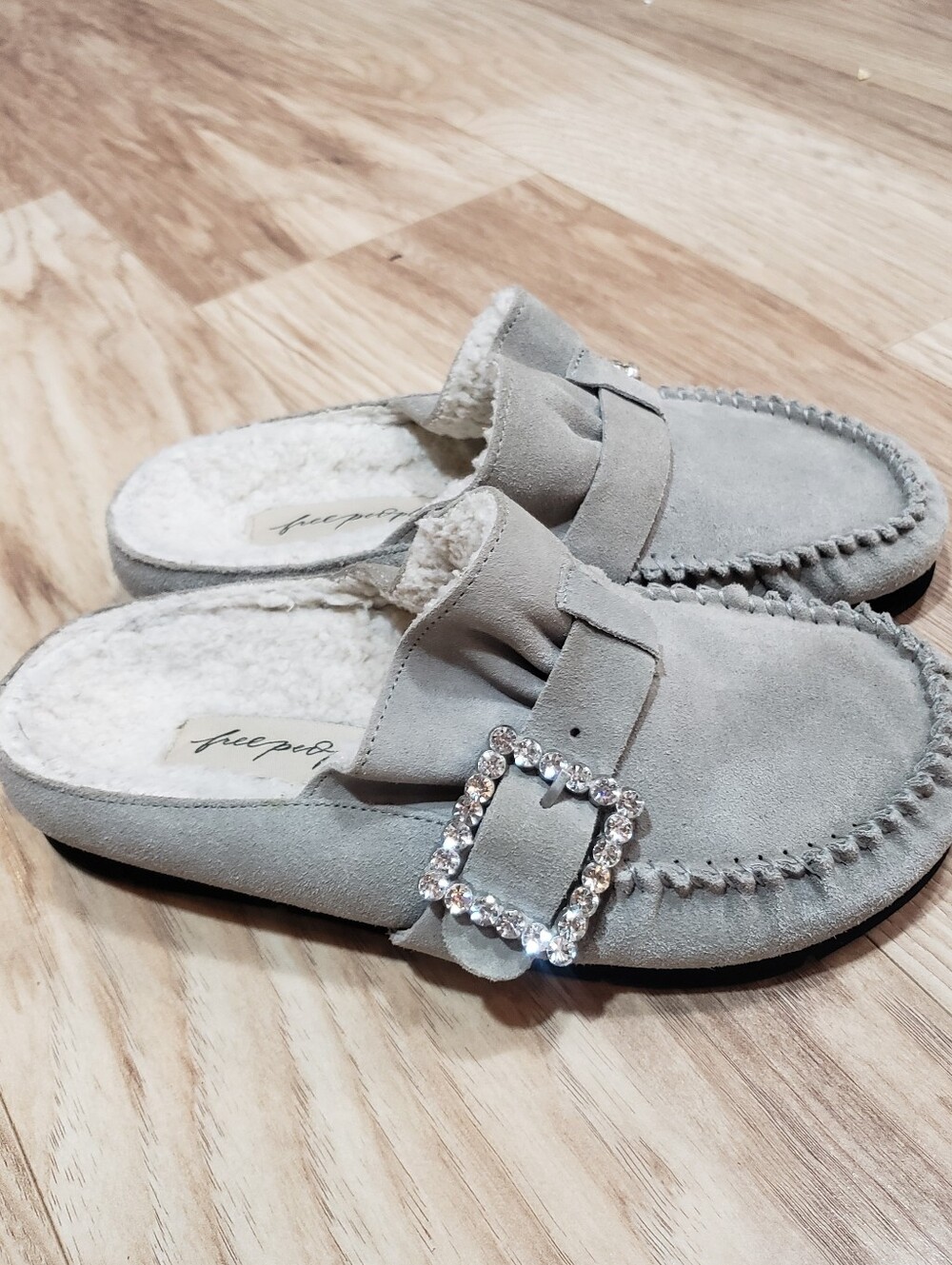 Free People After Riding Mules In Gray Suede Shearling Lining Crystal Buckle 7